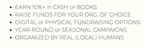 A promotional graphic with a dark gray rounded rectangle on the left containing the text '3 WAYS TO FUNDRAISE' and an illustration of a bear holding books, alongside black text on a white background describing fundraising services for schools, teams, organizations, and businesses.