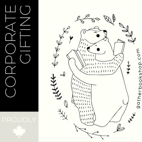 A square promotional graphic with a central black-and-white line drawing of a bear holding a book, surrounded by small leaf motifs. The left side has a vertical black band reading 'CORPORATE GIFTING' with a small 'PROUDLY' mark at the bottom.