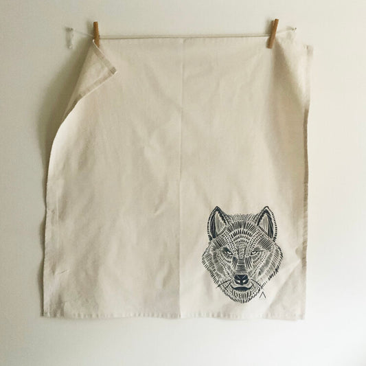 Wolf Tea Towel Hand Printed - Grey